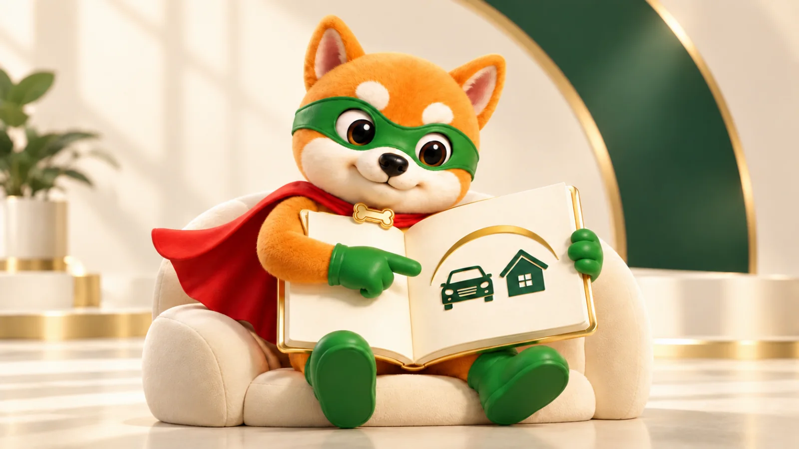 XiaoAn reads an insurance guide with car and home illustrations.