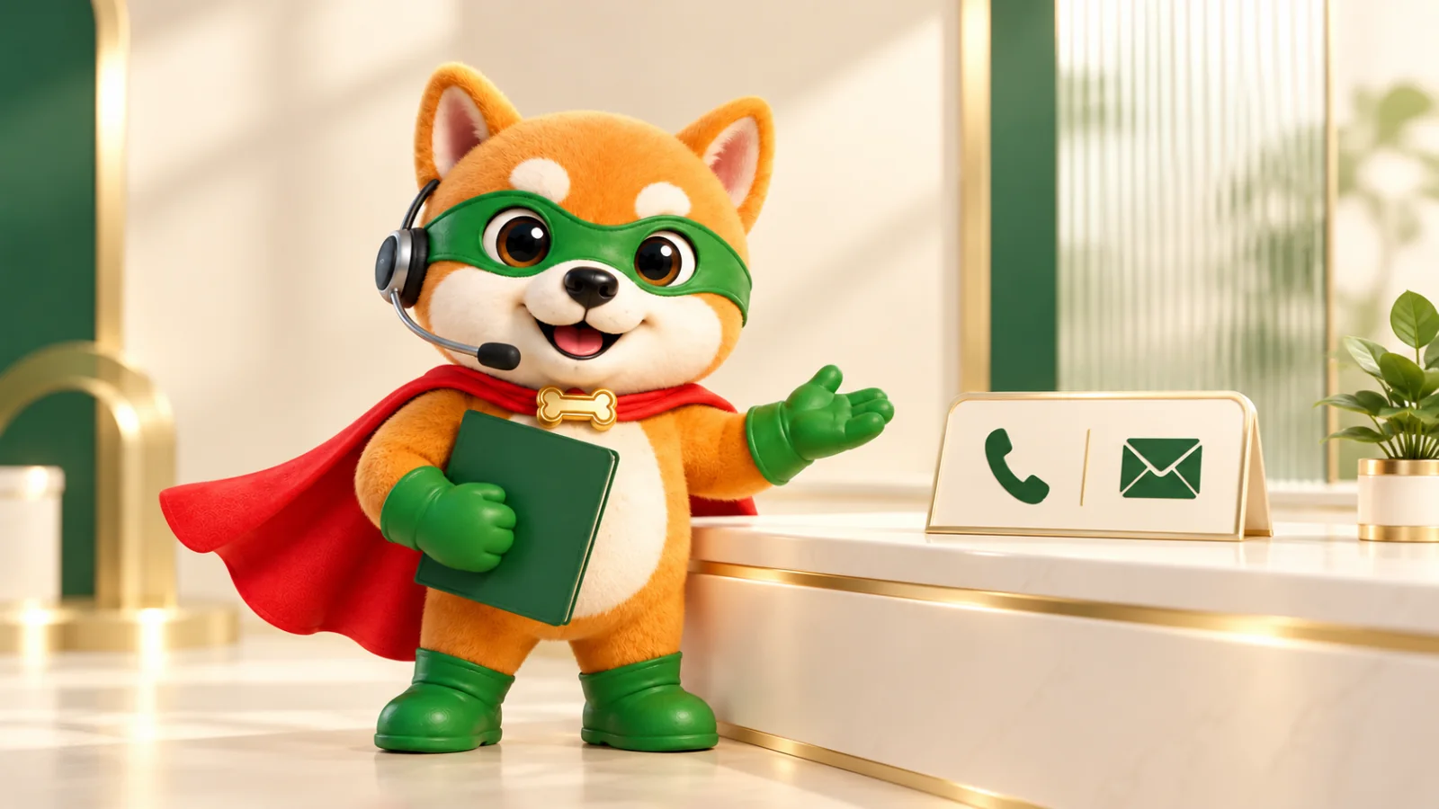 XiaoAn wears a headset beside clear telephone and email symbols, welcoming a service enquiry.