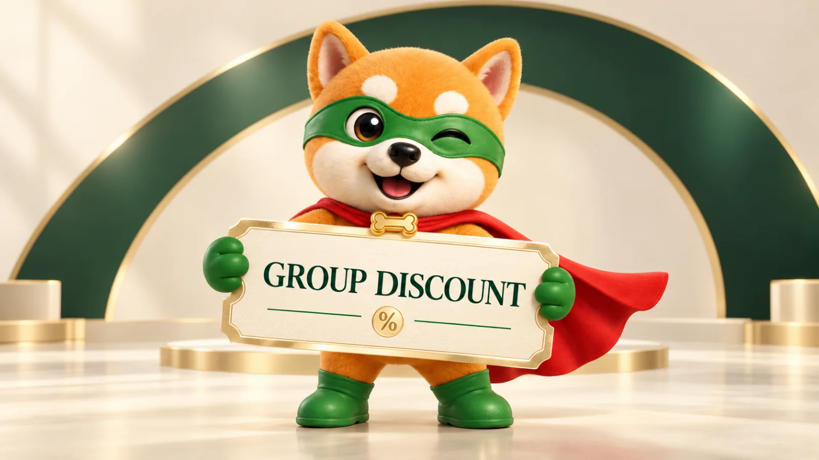 XiaoAn holds an ivory voucher labelled Group Discount.