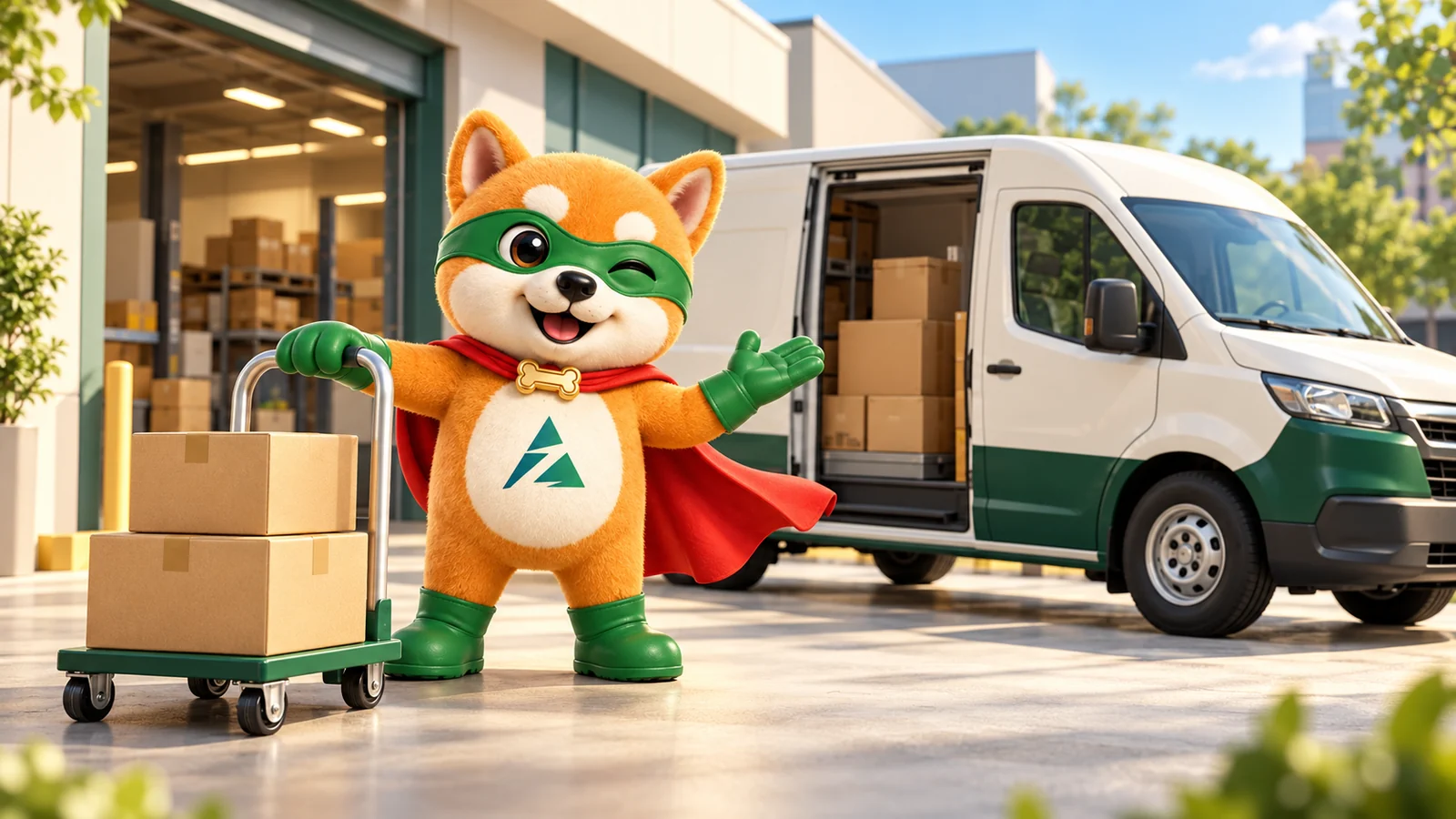 XiaoAn stands with a hand truck beside a delivery van at a loading bay.