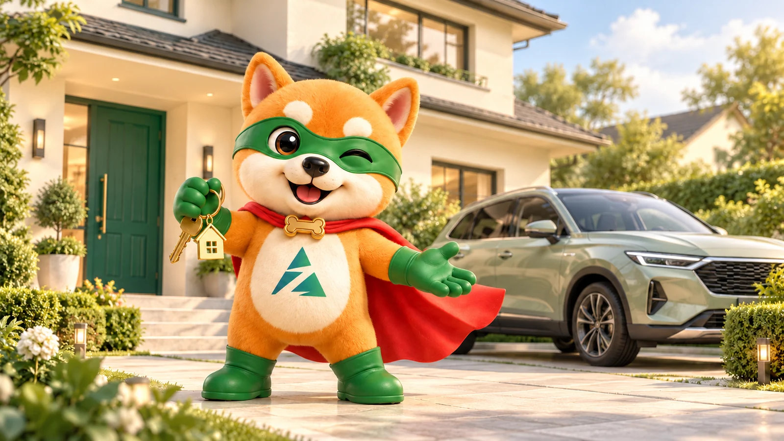 XiaoAn holds keys beside a home and a family SUV.
