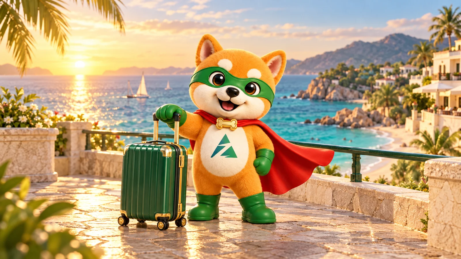 XiaoAn stands with a suitcase beside the sea.